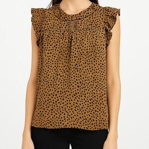 J. Crew Flutter Sleeve Cotton Silk Voile Top Leopard Dot Brown Ruffle Neck Small
